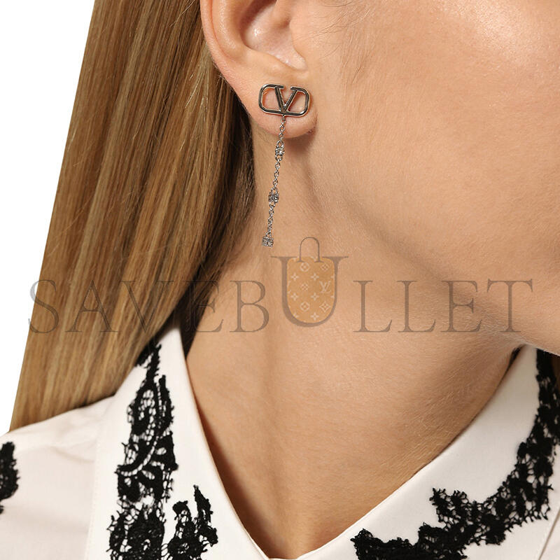 VALENTINO MINI VLOGO CRYSTAL DROP EARRINGS IN PALLADIUMCRYSTAL SILVER 